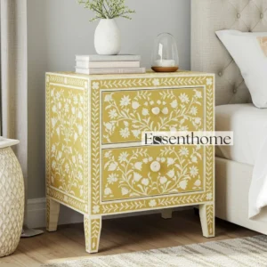 Handmade Yellow Bone Inlay Nightstand with Floral Pattern and Two Drawers, placed beside a bed in a modern bedroom setting