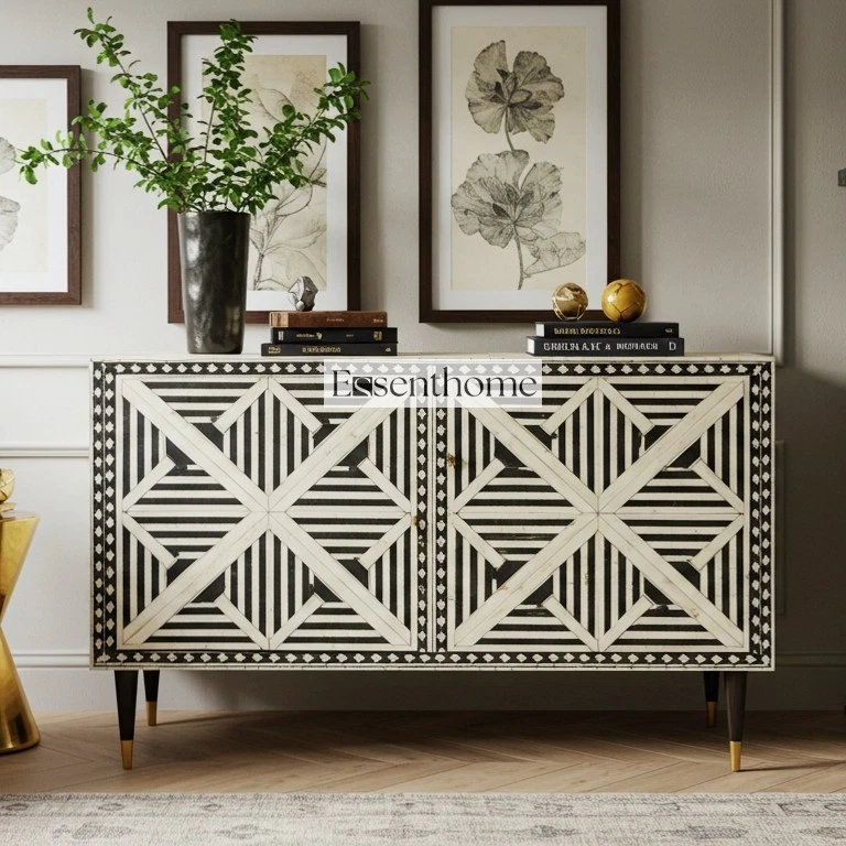 Bone Inlay Black and white Four Drawer Dresser for Bedroom