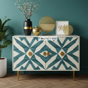 Teal Bone Inlay Cabinet  Geometric Design  Handmade with Brass Legs