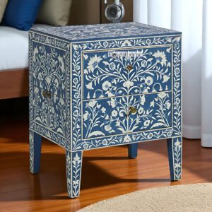 Handmade Blue Bone Inlay Bedside Table Floral 2-Drawer