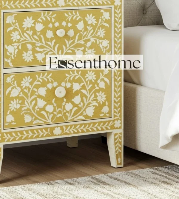 Yellow Bone Inlay Nightstand – 2 Drawer Floral - Image 2