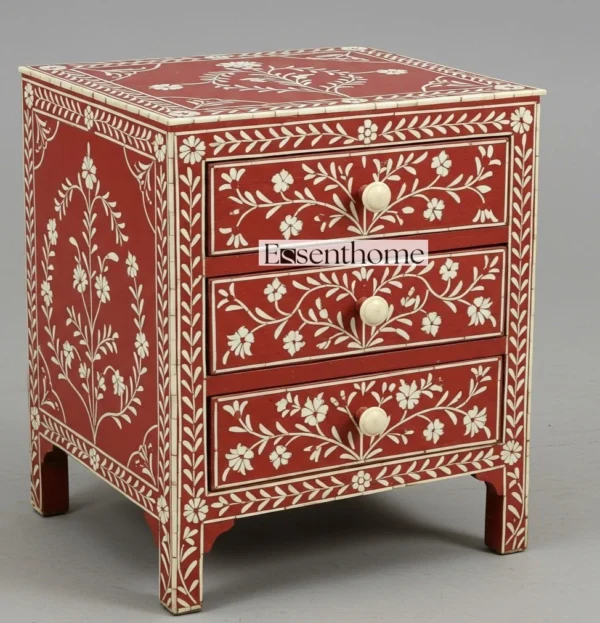 3 Drawer Bone Inlay Dresser – Red Floral Pattern