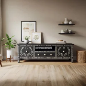 Essenthome Black Bone Inlay TV Console – Handcrafted Wooden Storage Cabinet