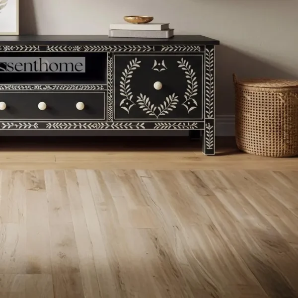 Essenthome Black Bone Inlay TV Console – Handcrafted Wooden Storage Cabinet - Image 3
