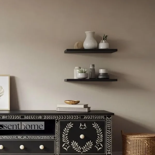 Essenthome Black Bone Inlay TV Console – Handcrafted Wooden Storage Cabinet - Image 5