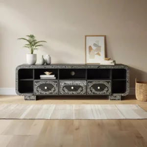 Essenthome Black & White Bone Inlay TV Console – Handcrafted Rustic Media Cabinet