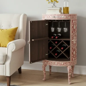 "Pink Floral Bone Inlay Curved Wine Cabinet – Handmade Bone Inlay Bar Storage