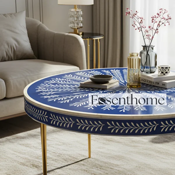 Essenthome Blue Bone Inlay Round Coffee Table ? Handmade Floral Accent Table - Image 5