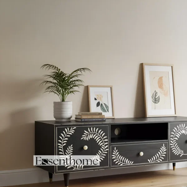 Essenthome Black Floral Inlay Wooden TV Unit ? Handcrafted Media Console with Storage - Image 5