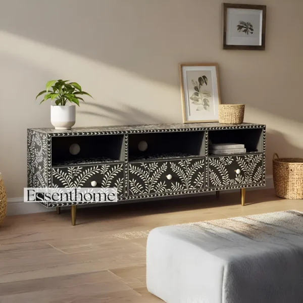 Essenthome Black Floral Inlay Wooden TV Unit ? Handcrafted Media Console with Storage