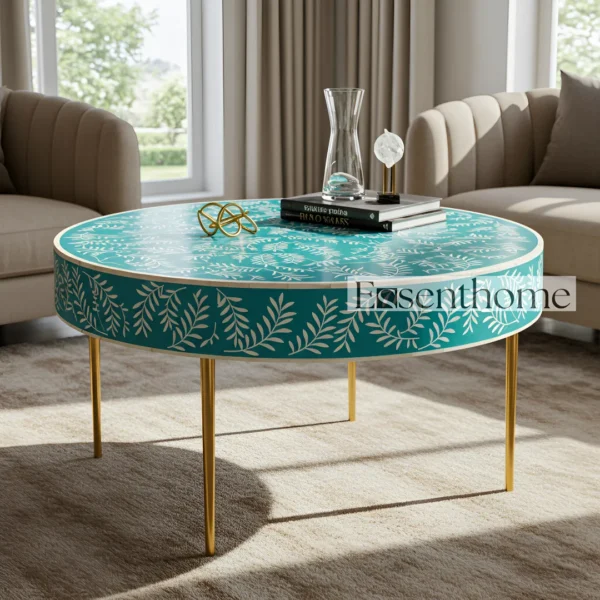 Essenthome Green Bone Inlay Round Coffee Table ? Handmade Floral Accent Table with Gold Metal Legs