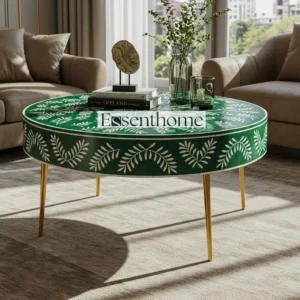 Essenthome Green Bone Inlay Round Coffee Table ? Handmade Floral Accent Table