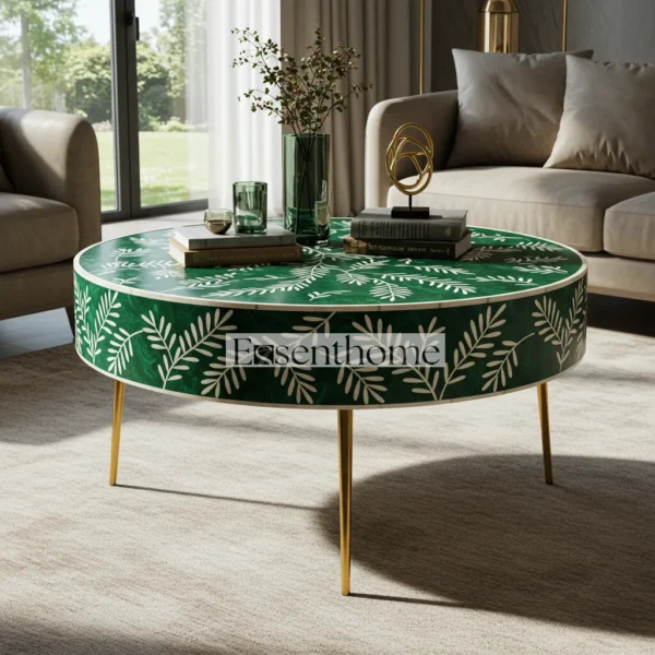 Essenthome Green Bone Inlay Round Coffee Table ? Handmade Floral Accent Table with Gold Metal Legs