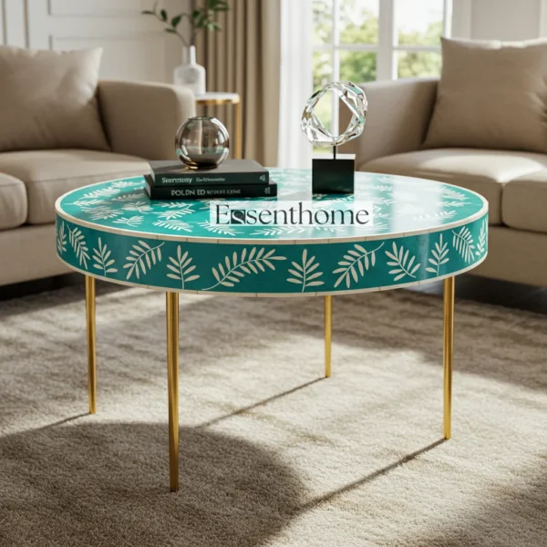 Essenthome Green Bone Inlay Round Coffee Table ? Handmade Floral Accent Table with Gold Metal Legs
