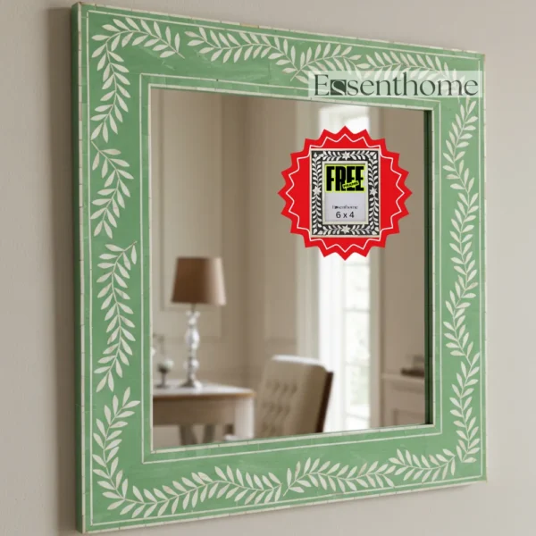 Handmade Bone Inlay Wall Mirror Floral Pattern Green ? Free Photo Frame