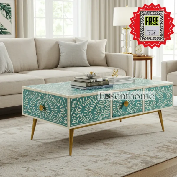 Essenthome Teal Bone Inlay Coffee Table with Storage & Brass Legs