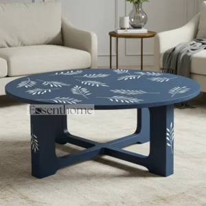 Round Blue Bone Inlay Coffee Table – White Leaf Design