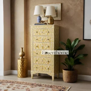 Handmade Yellow Bone Inlay Tallboy Dresser ? 6 Drawer Floral Storage Cabinet