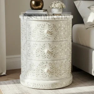 White Floral Mother of Pearl Round Nightstand – Handmade 3 Drawer Bedside Table