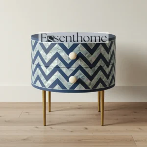 Essenthome Blue Round Nightstand ? Handcrafted Chevron Pattern Bedside Table