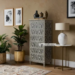 Handmade Black Bone Inlay Tallboy Dresser ? 6 Drawer Floral Storage Cabinet