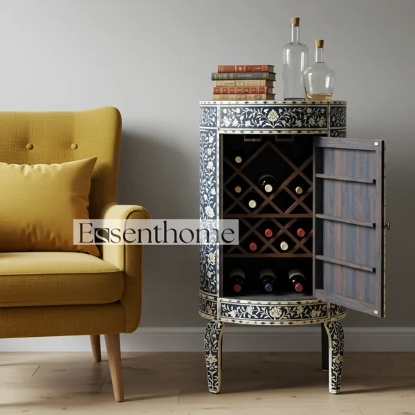 Essenthome Blue Floral Bone Inlay Wine Wooden End Table