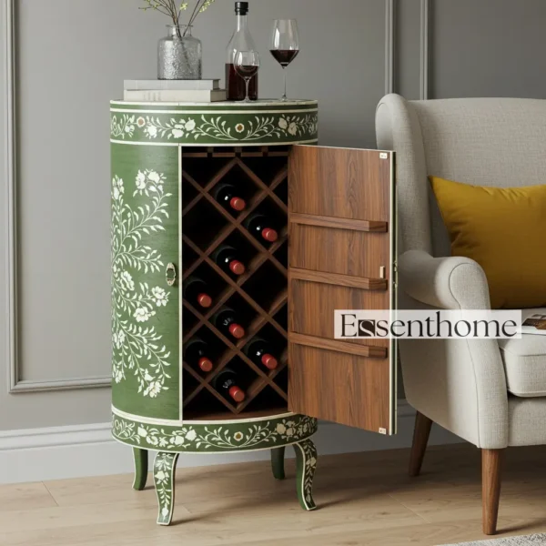 Essenthome Pink Floral Bone Inlay Wine Cabinet – Handmade bar storage cabinet with Glass & Bottle Holders