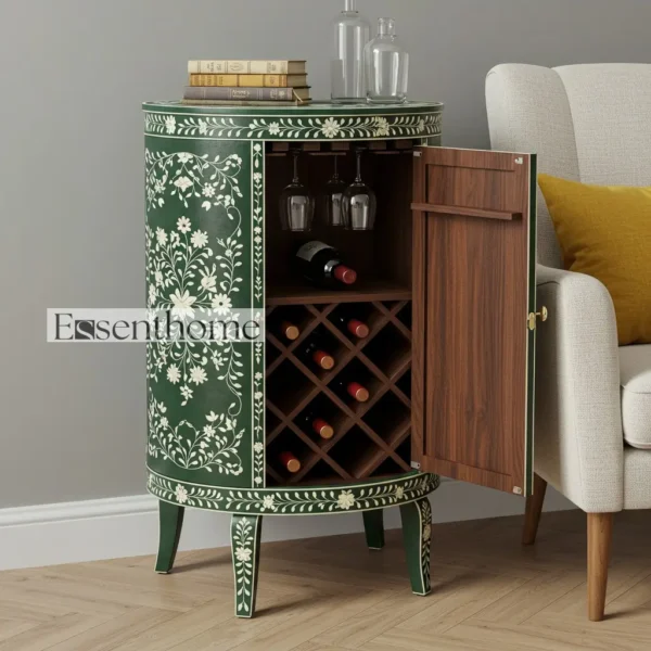 Essenthome Green floral bone inlay wine cabinet – Handcrafted Wooden End Table