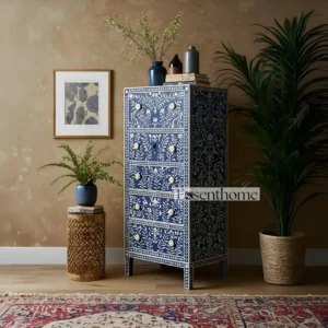 Handmade Blue Bone Inlay Tallboy Dresser ? 5 Drawer Floral Storage Cabinet