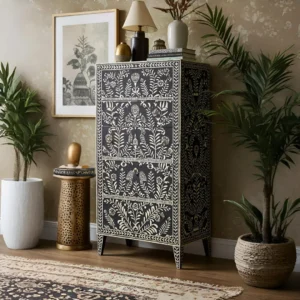 Handmade Black Bone Inlay Tallboy Dresser ? 5 Drawer Floral Storage Cabinet