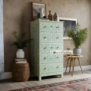 Handmade Green Bone Inlay Tallboy Dresser ? 5 Drawer Floral Storage Cabinet