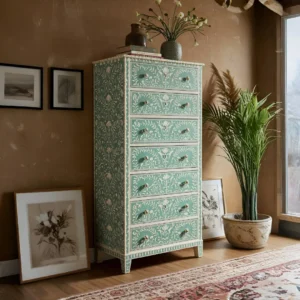 Handmade Green Bone Inlay Tallboy Dresser ? 7 Drawer Floral Storage Cabinet