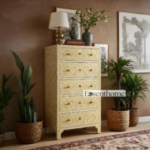 Handmade Yellow Bone Inlay Tallboy Dresser – 5 Drawer Floral Storage Cabinet