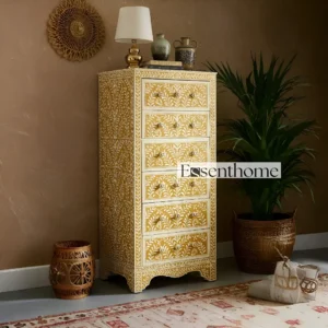 Handmade Yellow Bone Inlay Tallboy Dresser – 6-Drawer Floral Storage Cabinet