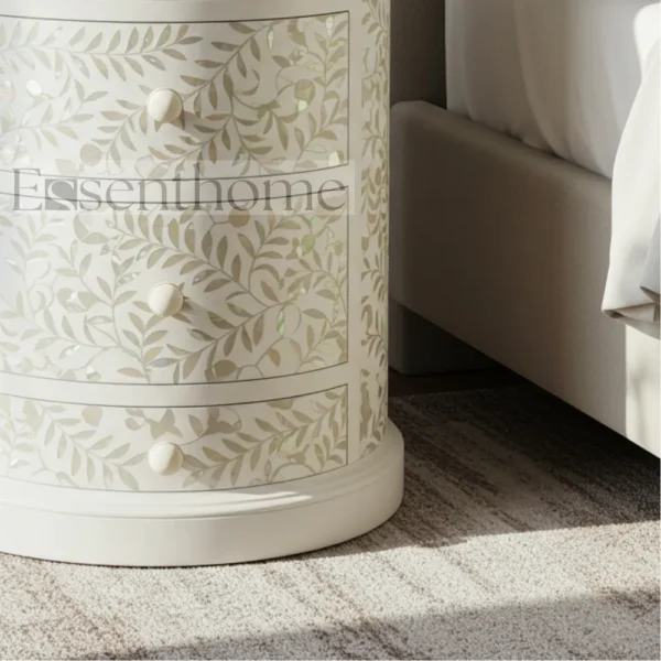 Essenthome White Floral Mother of Pearl Round Nightstand ? Handmade 4-Drawer Bedside Table - Image 5