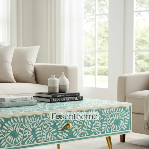 Handmade Bone Inlay Floral Coffee Table ? Teal Green with Drawers - Image 3