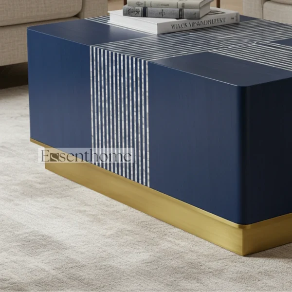 Navy Blue Bone Inlay Round Coffee Table with Brass Finish Base ? Handmade Modern Accent Table - Image 5