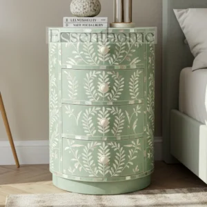 ?Luxury Green MOP Nightstand ? 4-Drawer Handmade Floral Inlay Bedside Table?