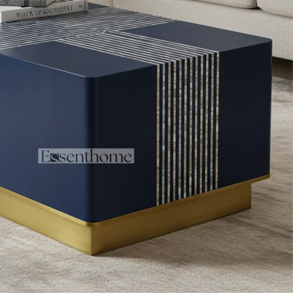 Navy Blue Bone Inlay Round Coffee Table with Brass Finish Base ? Handmade Modern Accent Table - Image 6