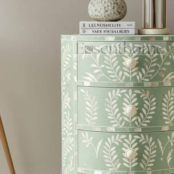 ?Luxury Green MOP Nightstand ? 4-Drawer Handmade Floral Inlay Bedside Table? - Image 2