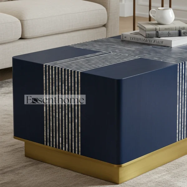 Navy Blue Bone Inlay Round Coffee Table with Brass Finish Base ? Handmade Modern Accent Table - Image 7