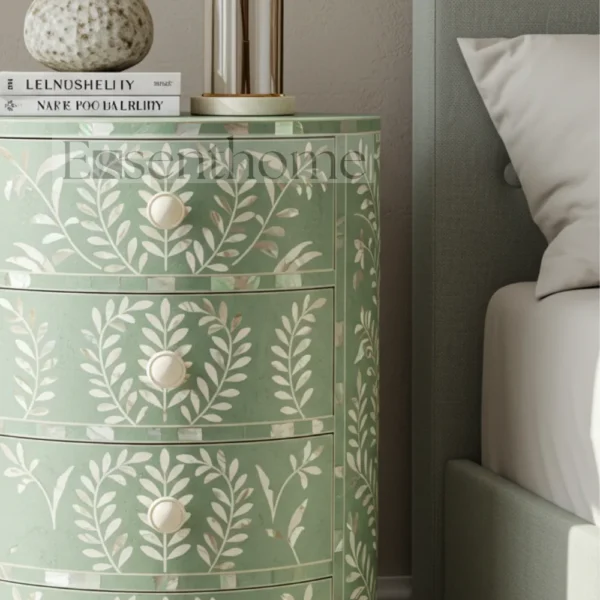 ?Luxury Green MOP Nightstand ? 4-Drawer Handmade Floral Inlay Bedside Table? - Image 3
