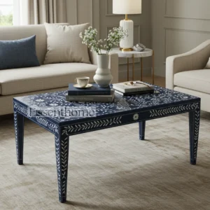 Blue Floral Bone Inlay Square Coffee Table with Golden Brass Legs ? Handmade Accent Table