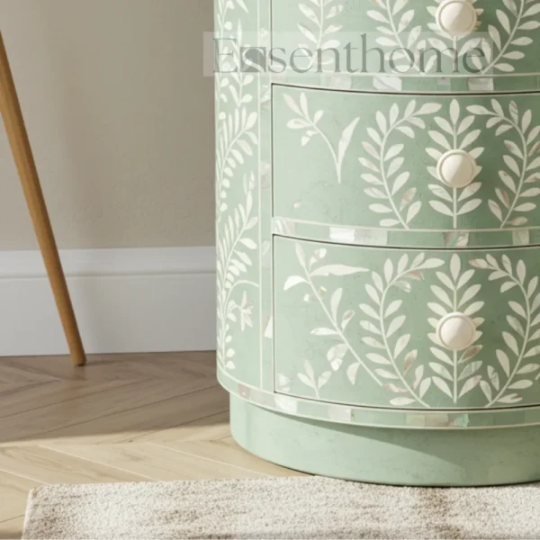 ?Luxury Green MOP Nightstand ? 4-Drawer Handmade Floral Inlay Bedside Table? - Image 5