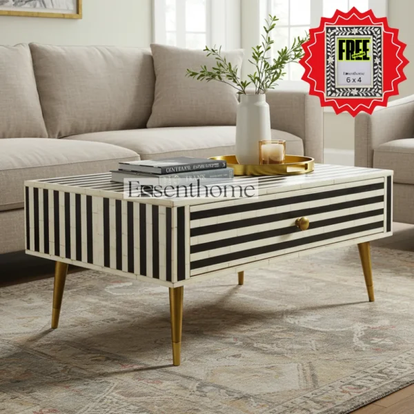 Handmade Wooden Coffee Table Black Stripes Luxury Centre Table + Free Frame