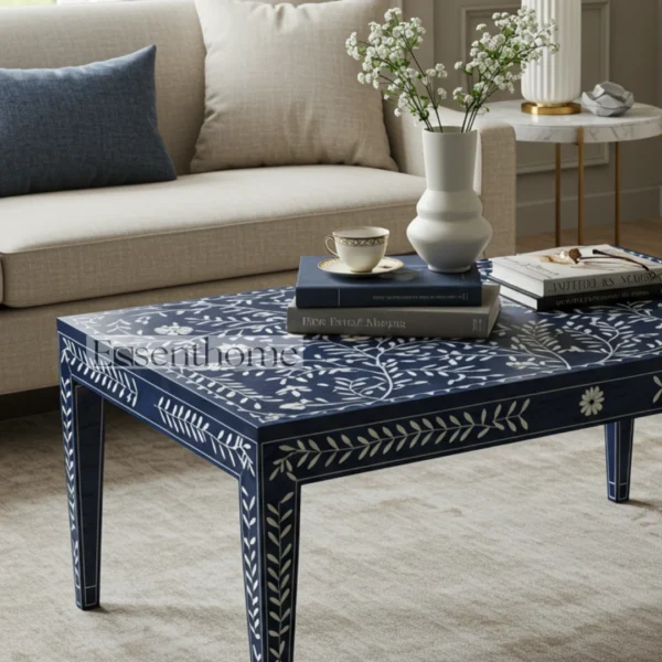Blue Floral Bone Inlay Square Coffee Table with Golden Brass Legs ? Handmade Accent Table - Image 3