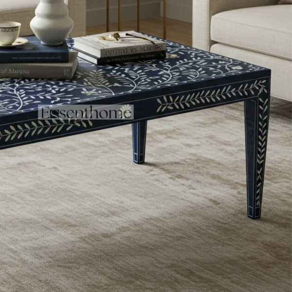 Blue Floral Bone Inlay Square Coffee Table with Golden Brass Legs ? Handmade Accent Table - Image 4
