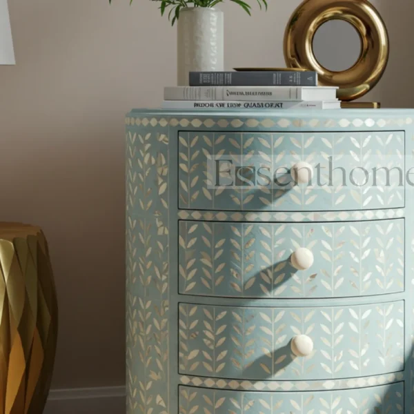 ?Handmade Blue MOP Nightstand ? 4-Drawer Floral Inlay Bedside Table? - Image 2