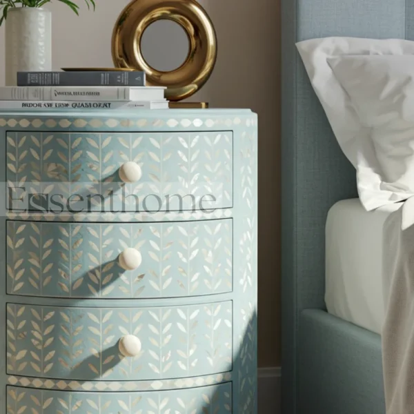 ?Handmade Blue MOP Nightstand ? 4-Drawer Floral Inlay Bedside Table? - Image 3