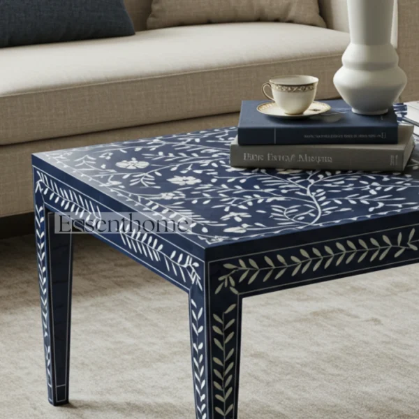 Blue Floral Bone Inlay Square Coffee Table with Golden Brass Legs ? Handmade Accent Table - Image 6